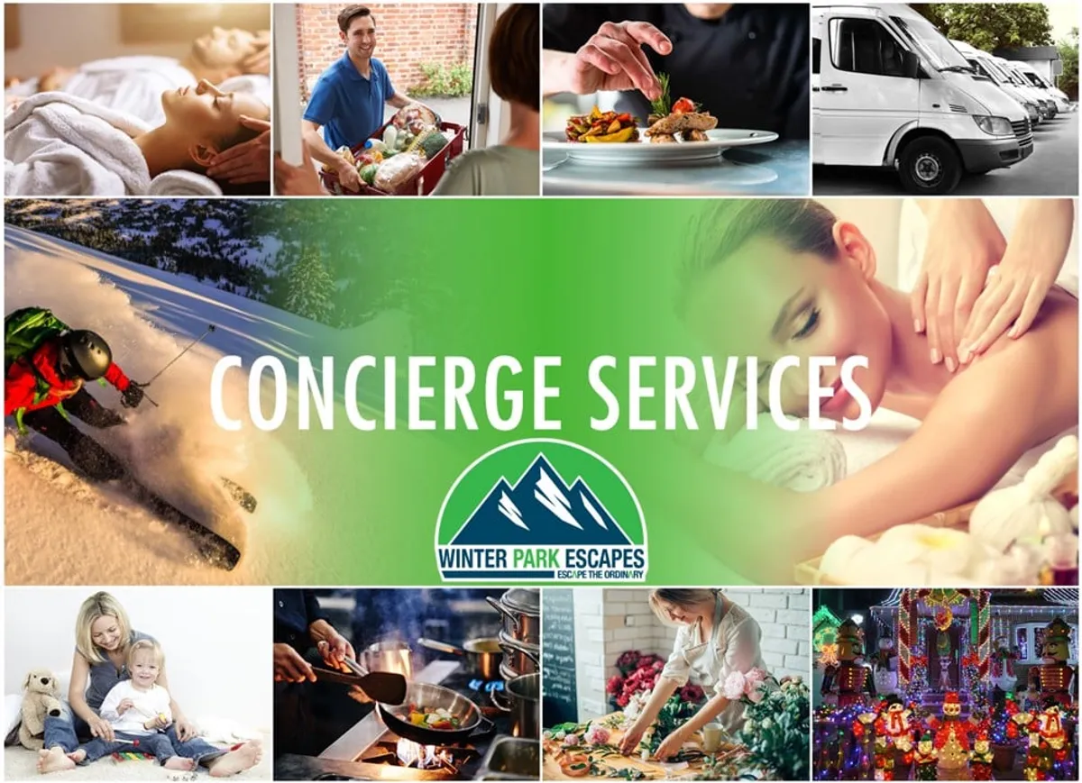 A collage-style interior image highlighting a range of luxury resort-style experiences: a spa treatment setup, a personal chef preparing gourmet food, family activities, skiing adventures, and attentive concierge services. The ambiance is plush and inviting, conveying the diverse amenities and personalized service available.