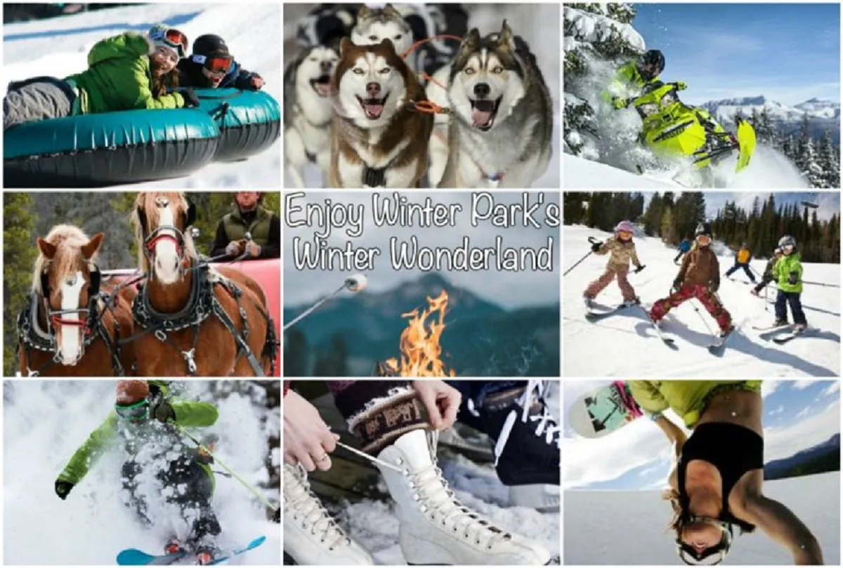 A lively winter scene with people tubing, sled dogs, snowmobiles, horses, a fire pit, skiers, kids playing in the snow, and ice skates. The environment is bustling with activity and surrounded by snow-covered trees, capturing the excitement and diversity of mountain winter adventures.