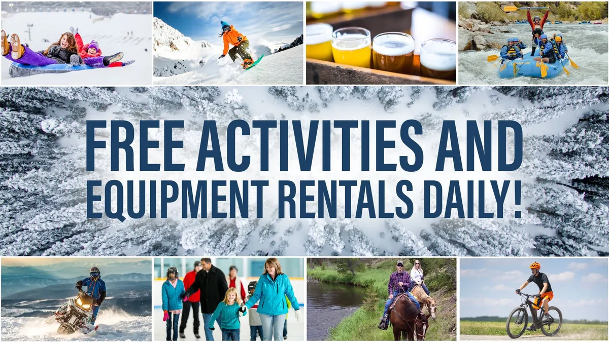 An interior promotional scene featuring people of all ages engaged in activities such as skiing, snowboarding, rafting, hiking, and cycling, with bold text highlighting free activities and scenic mountain landscapes in the background, creating an energetic and family-friendly vibe.