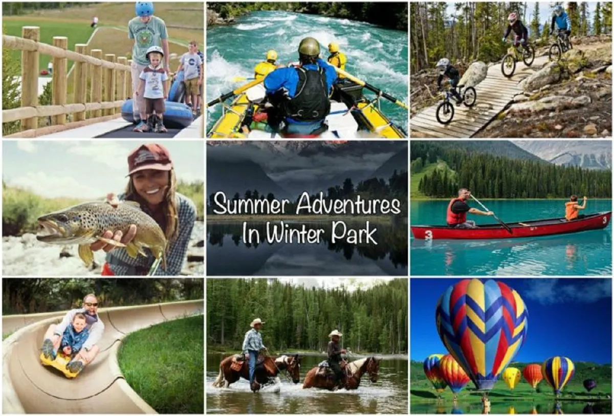 A colorful summer landscape featuring families enjoying outdoor activities like rafting, biking, fishing, boating, horseback riding, and hot air ballooning. The scene is vibrant, with lively water sports and serene moments in nature set against a picturesque mountain backdrop.