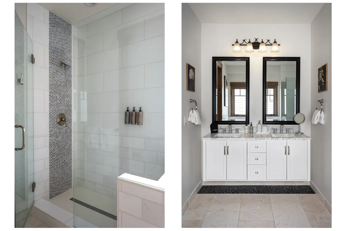 A modern spa-like bathroom with a glass shower featuring geometric tile accents, a double vanity with mirrors, and elegant lighting. The clean lines and contemporary finishes suggest a luxurious, refreshing environment perfect for relaxation and self-care.